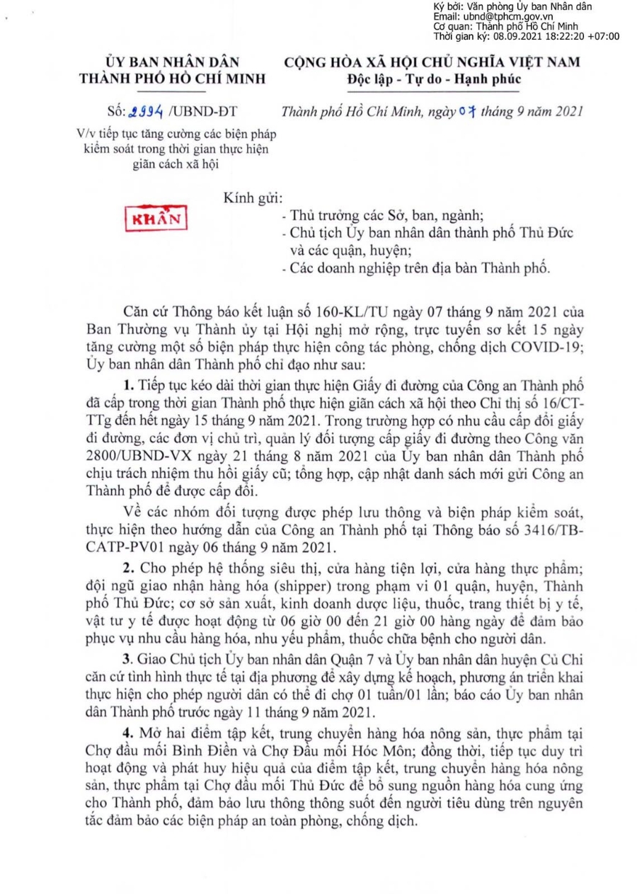 Văn bản tiếp tục tăng cường c&aacute;c biện ph&aacute;p kiểm so&aacute;t dịch bệnh trong thời gian gi&atilde;n c&aacute;ch của TP.HCM