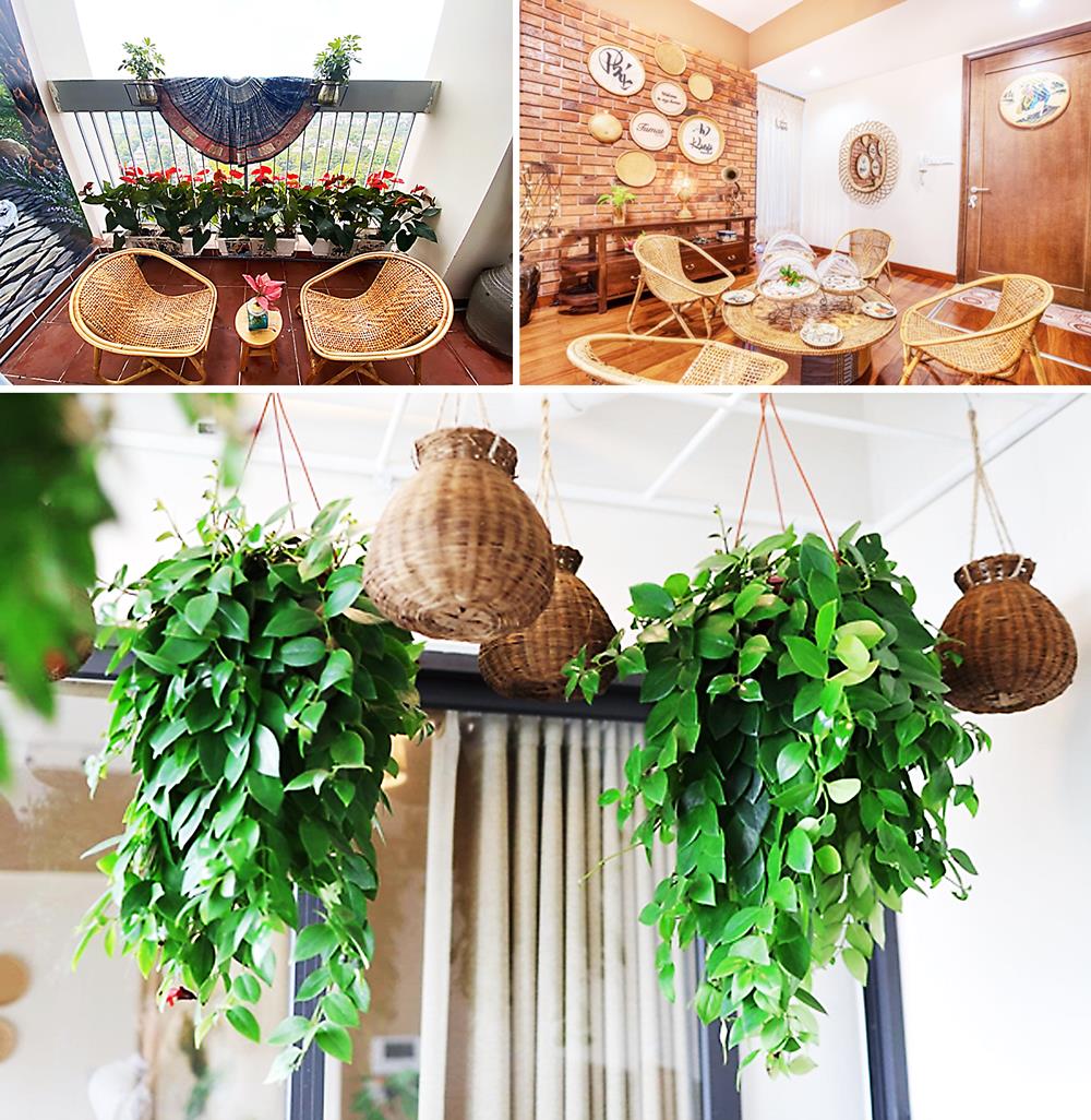 Mọi kh&ocirc;ng gian trong nh&agrave; chị đều gắn liền với đồ thủ c&ocirc;ng, c&acirc;y xanh trang tr&iacute;, tạo cảm gi&aacute;c thư thả v&agrave; an y&ecirc;n.