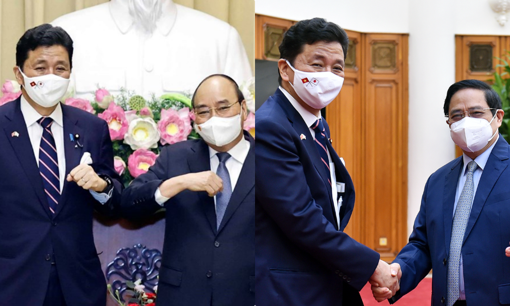 Chủ tịch nước Nguyễn Xuân Phúc và Thủ tướng Chính phủ Phạm Minh Chính tiếp Bộ trưởng Quốc phòng Nhật Bản - Ảnh: VGP