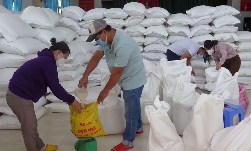 Tổ chức xuất, cấp gạo cho người dân gặp khó khăn tại xã Bình Ngọc, thành phố Tuy Hòa, Phú Yên.