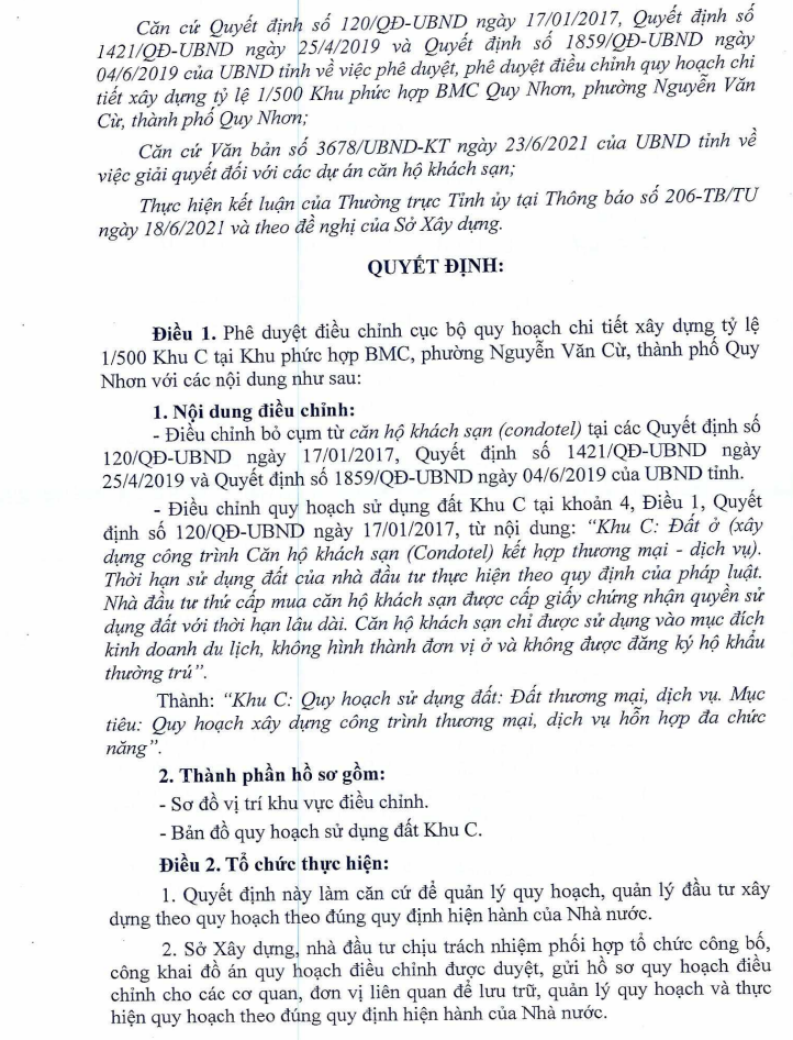 Một trong những nội dung của Quyết định điều chỉnh cục bộ quy hoạch chi tiết Khu phức hợp BMCBMC, phường Nguyễn Văn Cừ, TP. Quy Nhơn, tỉnh B&igrave;nh Định - Nguồn: UBND tỉnh B&igrave;nh Định.