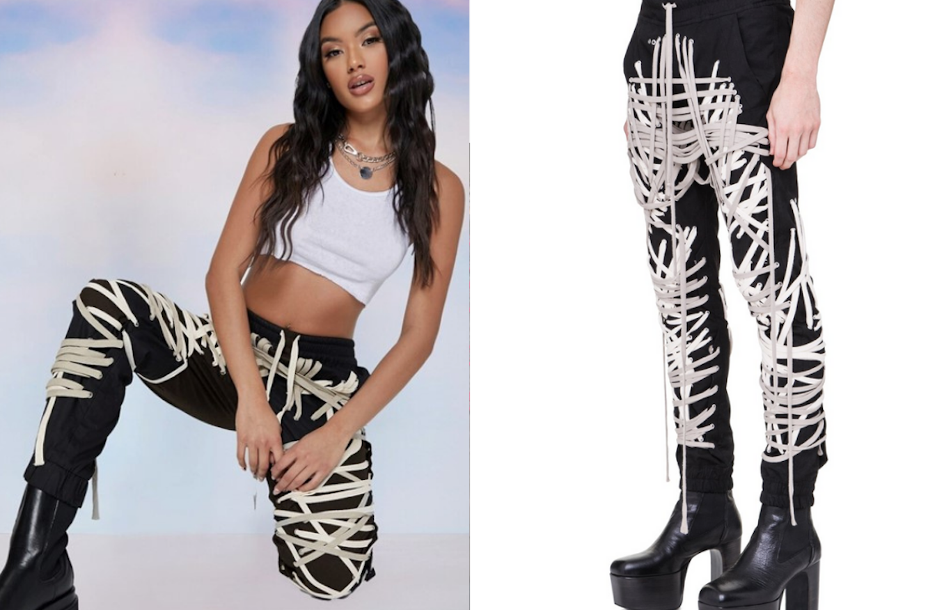 Hình ảnh quảng cáo sản phẩm của Shein (trái) và ,sản phẩm quần dây chéo của Rick Owens (phải).