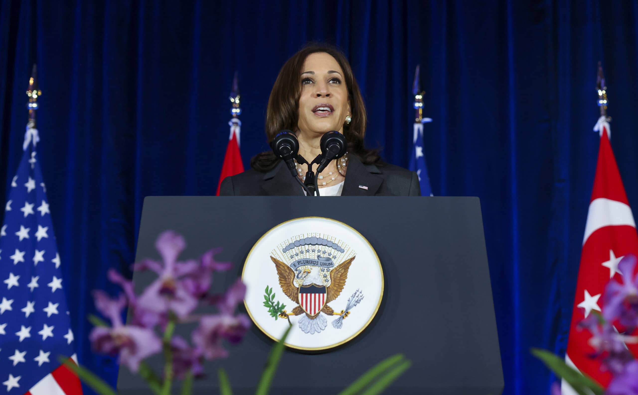 Phó Tổng thống Mỹ Kamala Harris phát biểu tại Singapore ngày 24/8 trước khi khởi hành sang Việt Nam - điểm đến thứ hai trong chuyến công du châu Á hồi tháng cuối tháng 8 - Ảnh: AP