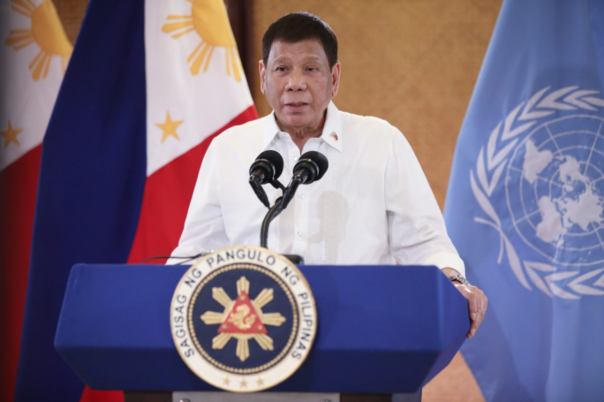 Tổng thống Philippines Rodrigo Duterte trong bài phát biểu tại phiên họp Đại hội đồng Liên hợp quốc khóa 76 - Ảnh: EPA