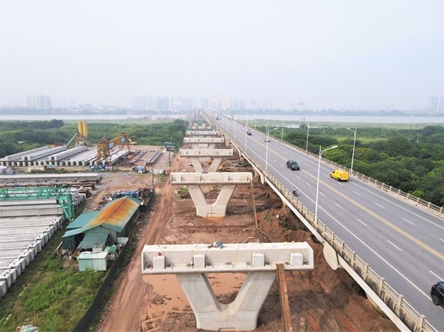 Toàn cảnh dự án cầu Vĩnh Tuy giai đoạn 2 nhìn từ phía Long Biên.