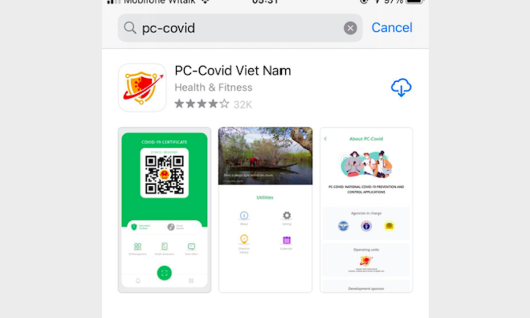 Ứng dụng PC-Covid trên kho ứng dụng App Store .