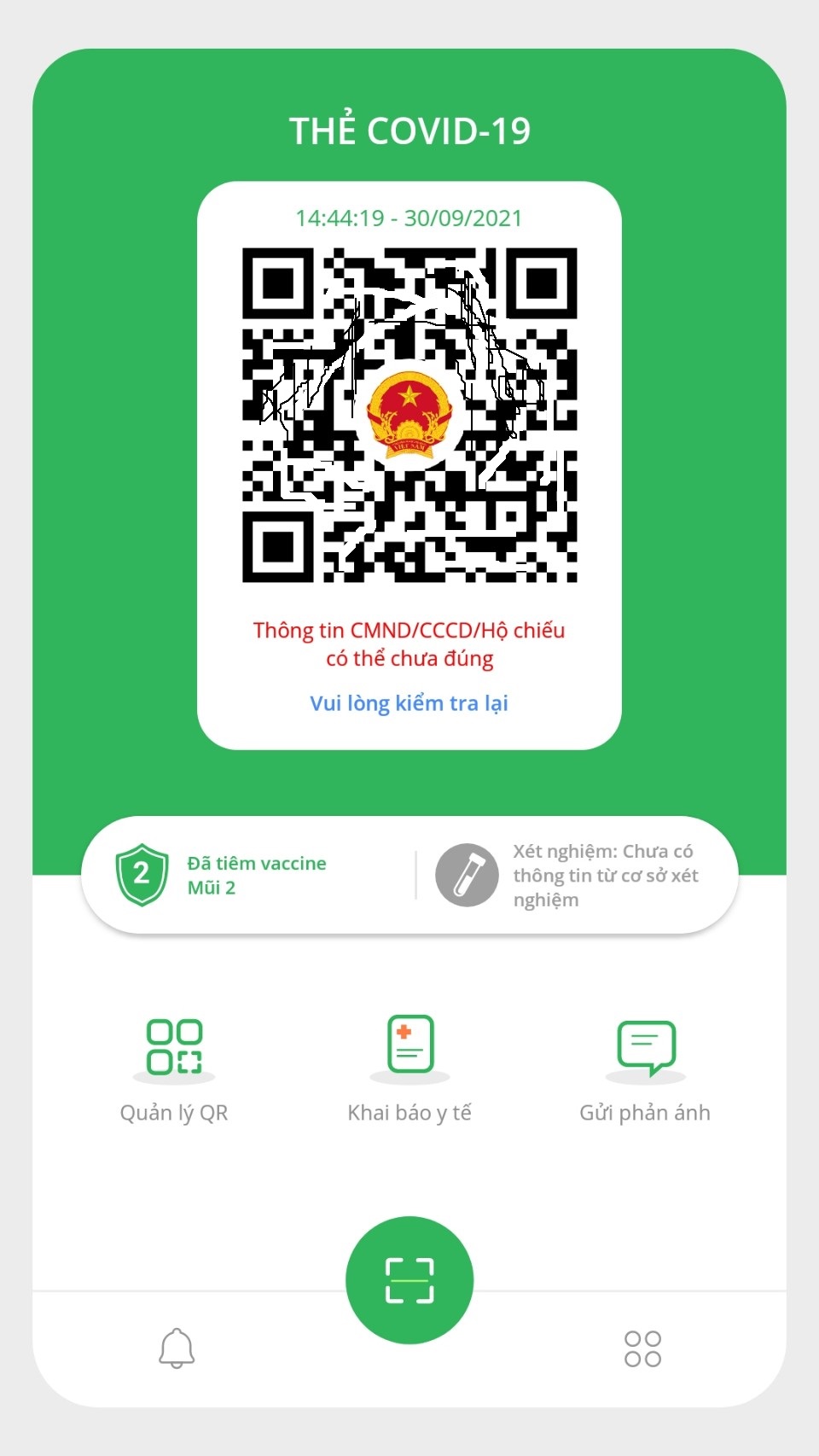 “Thông tin CMND/CCCD/Hộ chiếu có thể chưa đúng. Vui lòng kiểm tra lại” nhưng vẫn lên thẻ Xanh như thường.