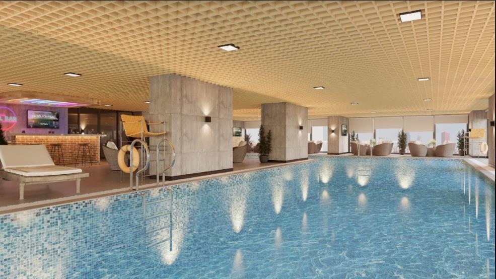 Kh&ocirc;ng gian 2.400 m2 tại Golf One Studio kết hợp nhiều loại h&igrave;nh tập luyện v&agrave; giải tr&iacute; kh&aacute;c nhau như bể bơi, Jacuzzi, fitness, nh&agrave; h&agrave;ng.