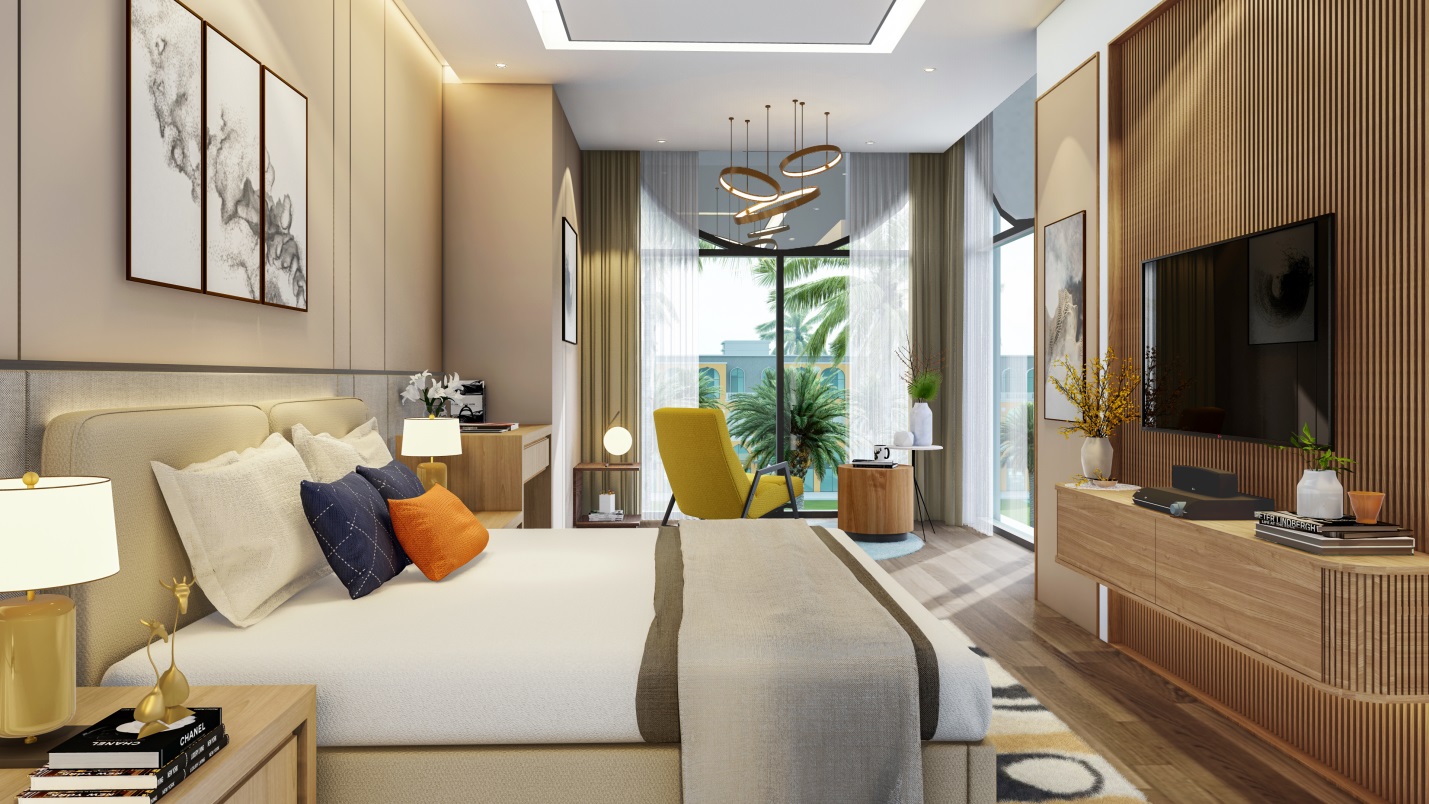 Ph&ograve;ng ngủ master rộng r&atilde;i tr&ecirc;n tầng 2 với giường k&iacute;ch thước lớn (King size).