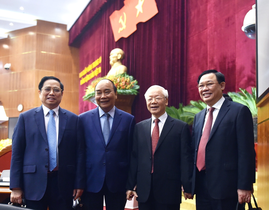 Tổng Bí thư Nguyễn Phú Trọng, Chủ tịch nước Nguyễn Xuân Phúc, Thủ tướng Chính phủ Phạm Minh Chính và Chủ tịch Quốc hội Vương Đình Huệ tại phiên bế mạc Hội nghị - Ảnh: VGP