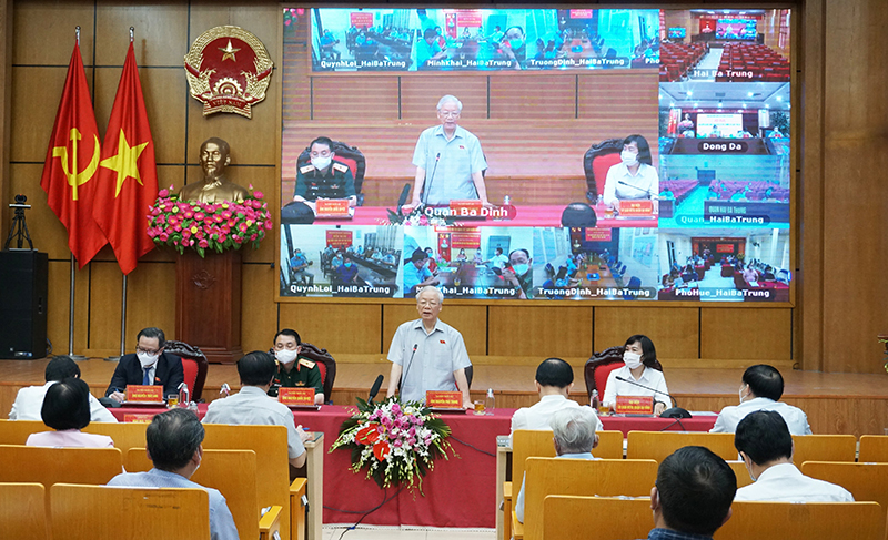 Tổng Bí thư Nguyễn Phú Trọng tại buổi tiếp xúc cử tri ở Hà Nội sáng nay - Ảnh: Quochoi.vn