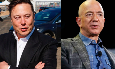 Elon Musk (trái) và Jeff Bezos.