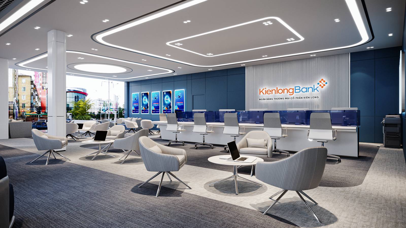 Ph&ograve;ng giao dịch 5 sao hiện đại của Ng&acirc;n h&agrave;ng số Kienlongbank.