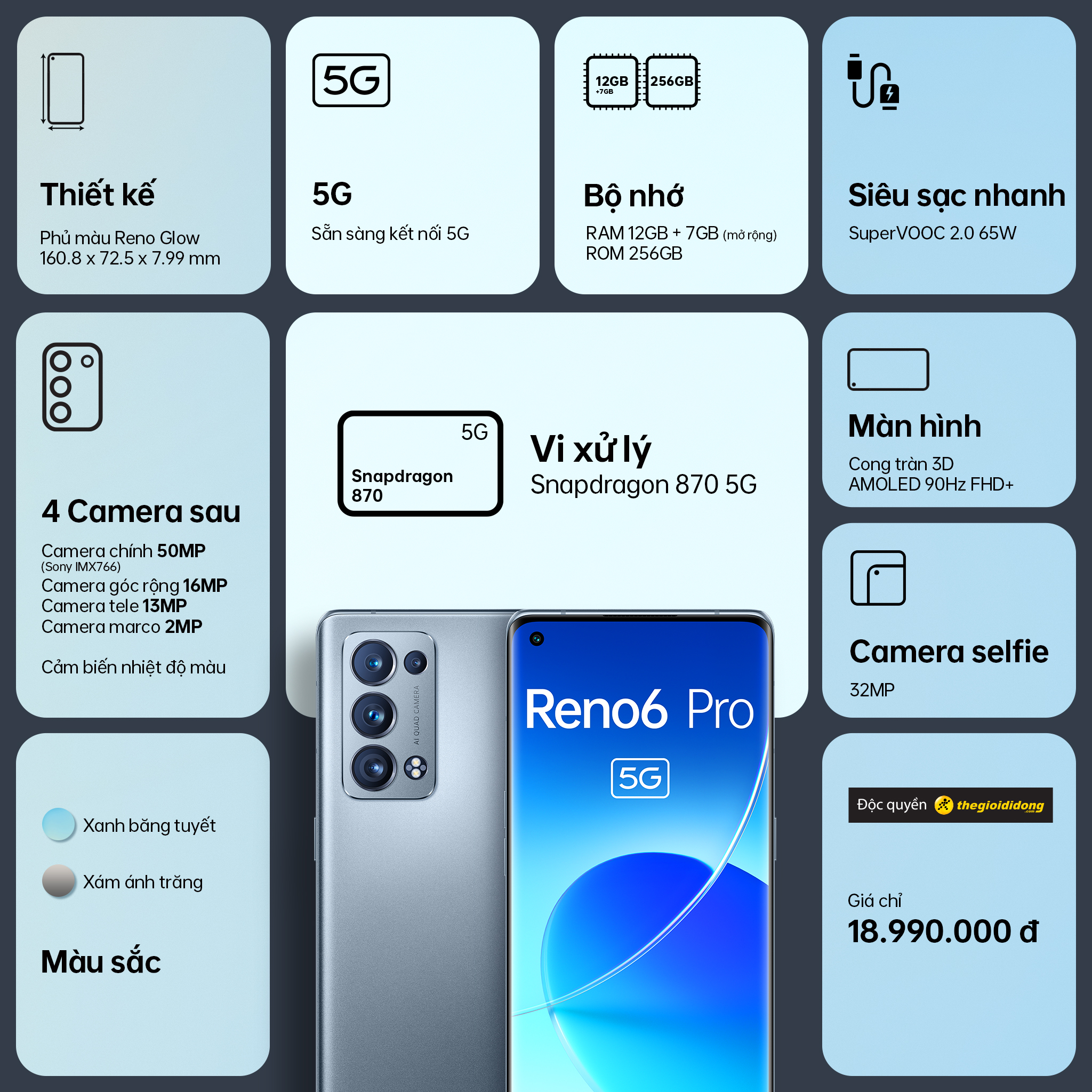 OPPO Reno6 Pro 5G được b&aacute;n độc quyền tại Thế Giới Di Động từ 19/10/2021 với gi&aacute; 18.990.000 đồng.