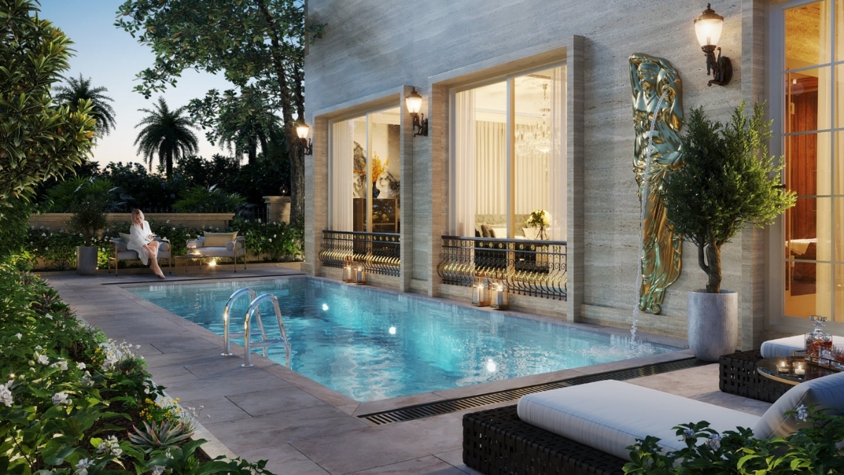 Phối cảnh minh họa bể bơi ri&ecirc;ng của chủ nh&acirc;n dinh thự The Sapphire Mansions.