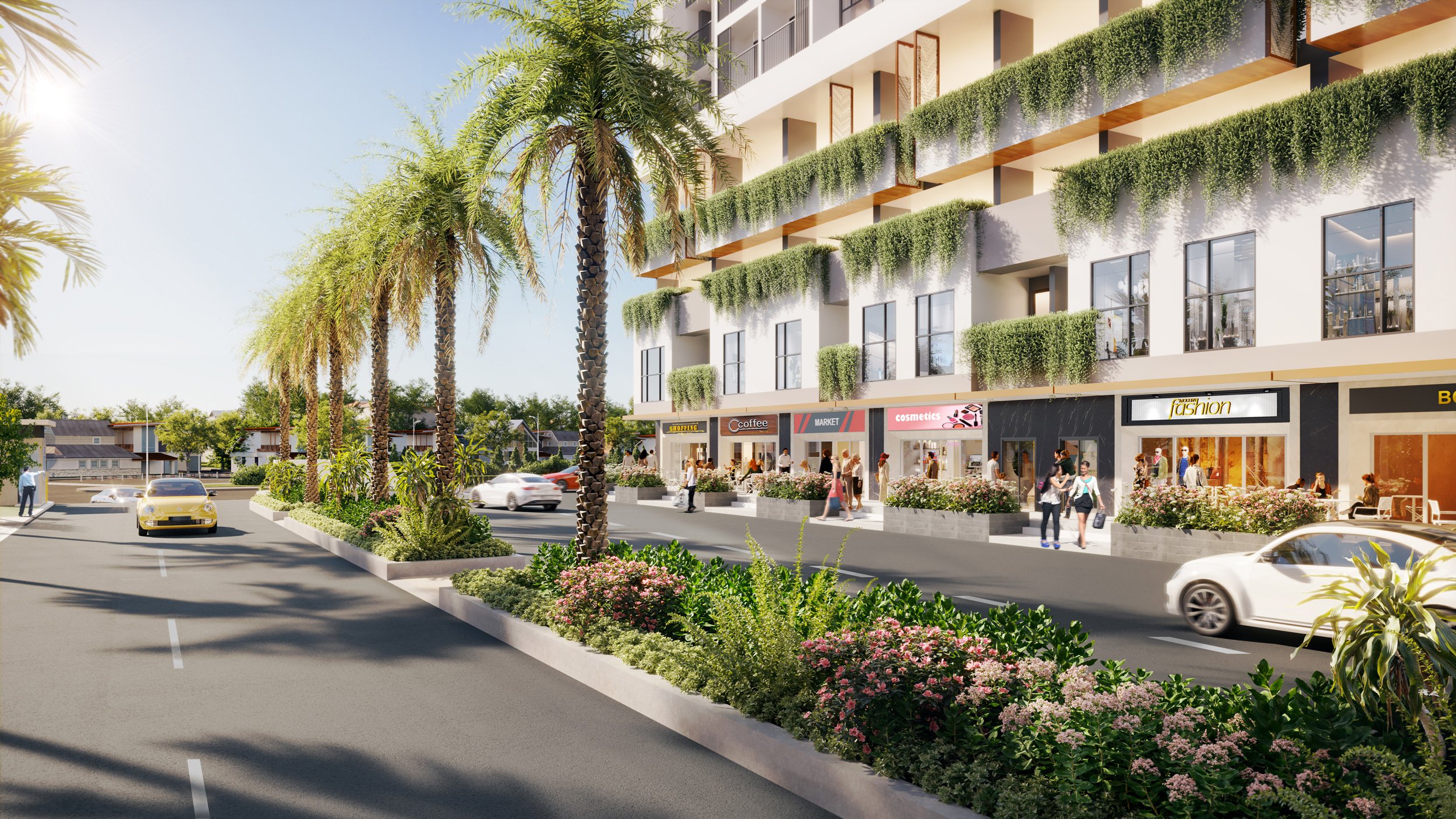 Khu shophouse sầm uất ngay tại khối đế toà nhà khu căn hộ Moonlight Cetre Point.Ảnh: Hưng Thịnh Land.