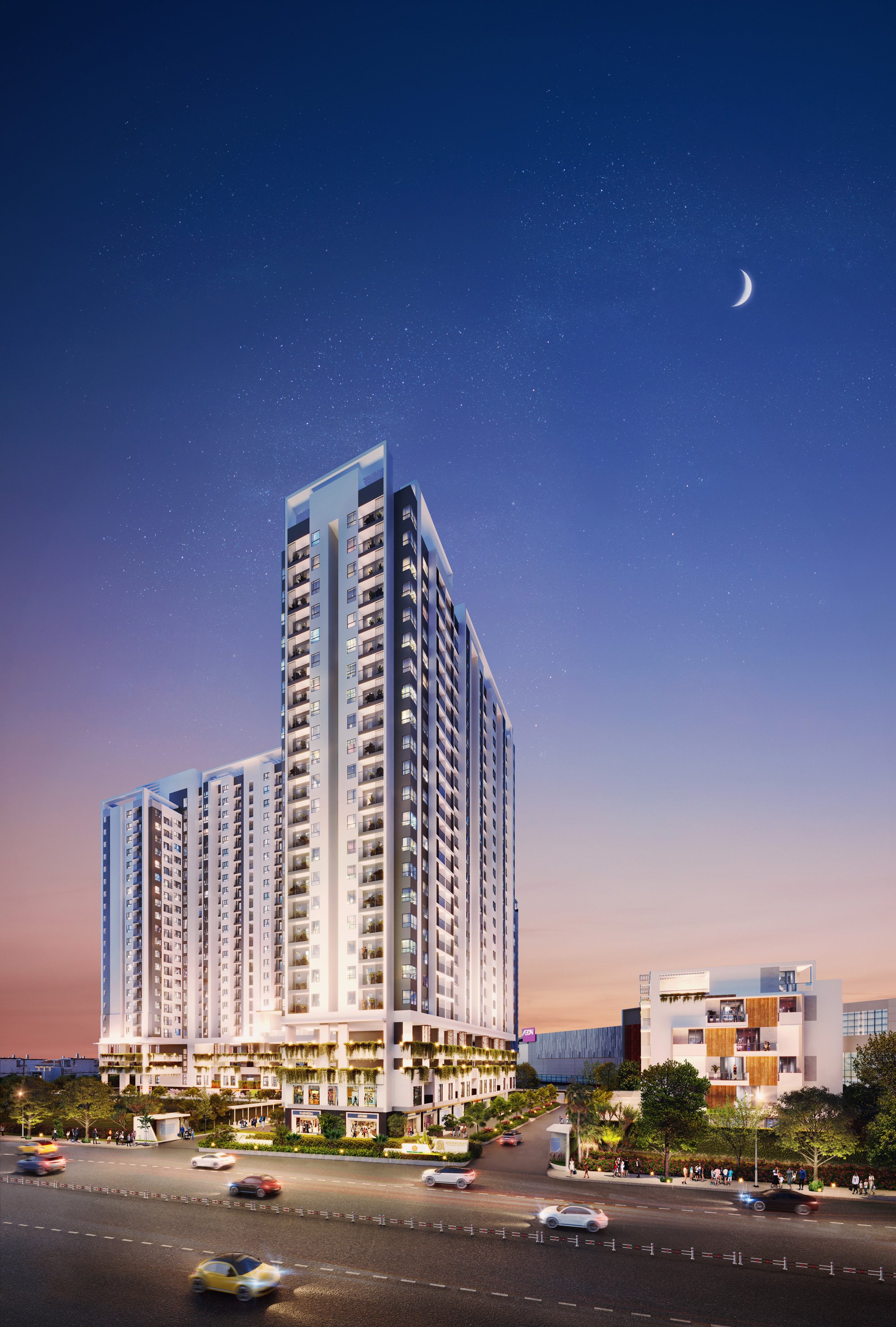 Phối cảnh block Silver Moon và Emerald Moon dự án Moonlight Centre Point sở hữu mặt tiền đắc địa. Ảnh: Hưng Thịnh Land.