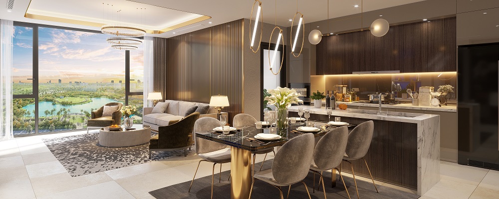 Ph&ograve;ng kh&aacute;ch v&agrave; ph&ograve;ng ăn li&ecirc;n th&ocirc;ng đối diện c&ocirc;ng vi&ecirc;n 14ha xanh m&aacute;t.