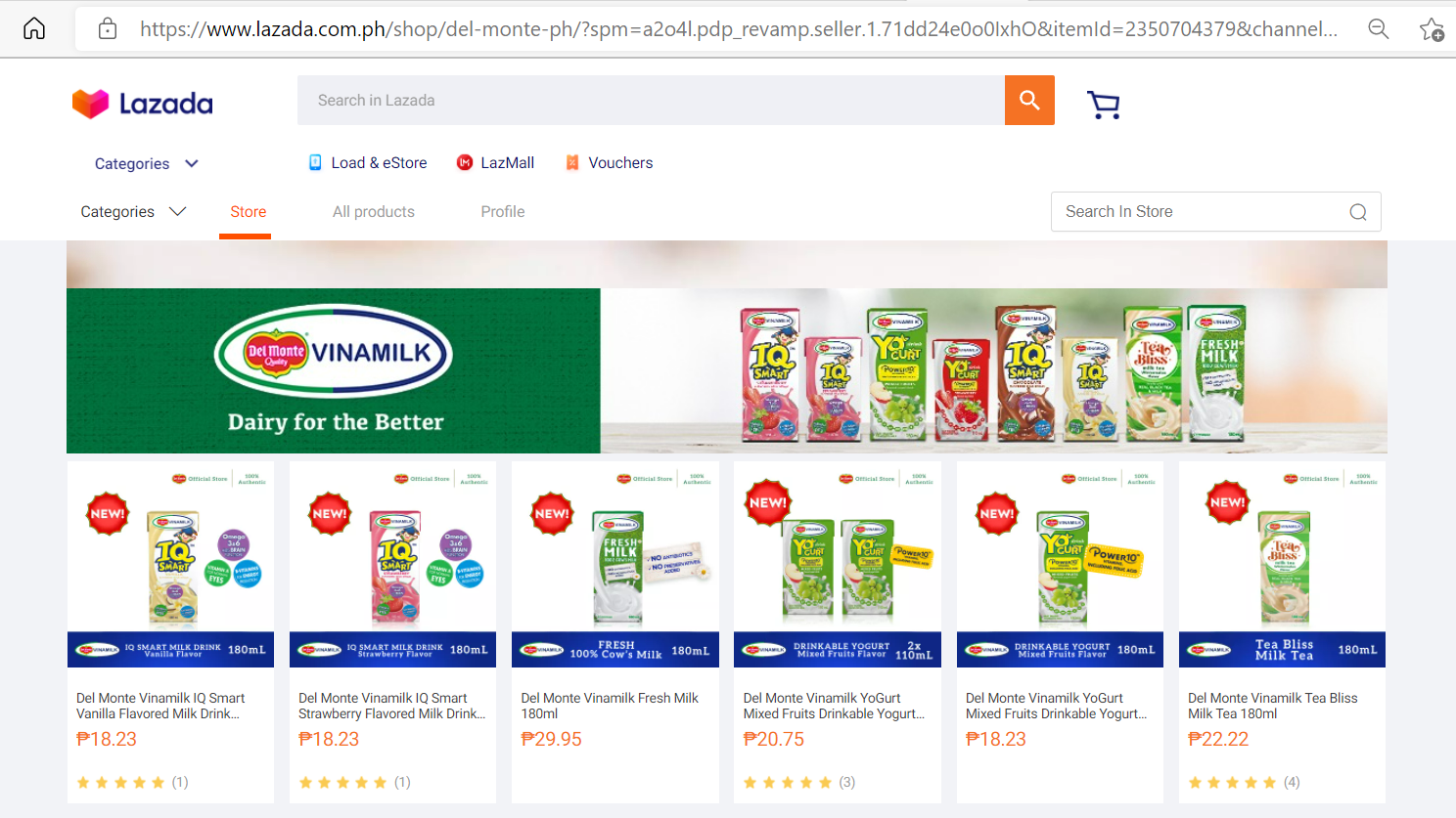 C&aacute;c sản phẩm của Del Monte-Vinamilk đ&atilde; c&oacute; mặt tại c&aacute;c gian h&agrave;ng ch&iacute;nh thức tr&ecirc;n k&ecirc;nh thương mại điện tử như Shopee v&agrave; Lazada tại Philippines.