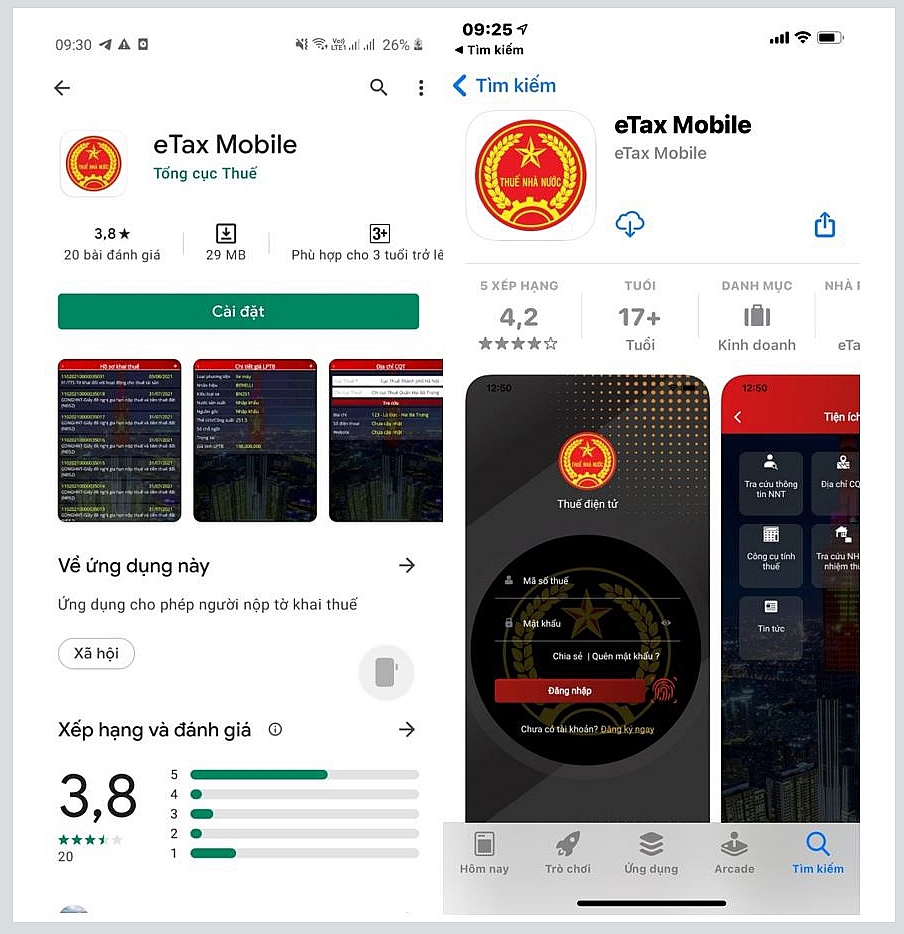 Ứng dụng eTax Mobile V1.0 trên App store và CH play.