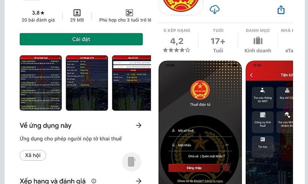 Ứng dụng eTax Mobile V1.0 trên App store và CH play.