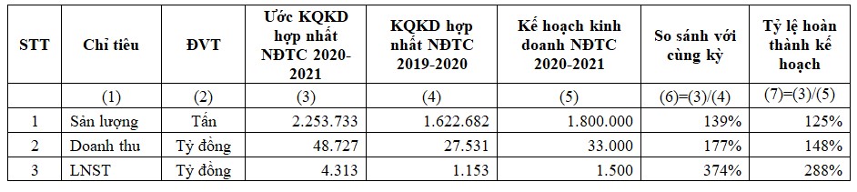 Ước kết quả kinh doanh hợp nhất ni&ecirc;n độ t&agrave;i ch&iacute;nh 2020-2021.