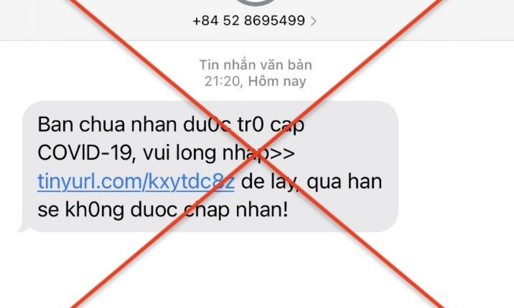 Tin nhắn lừa đảo về việc nhận trợ cấp Covid-19. Ảnh - BHXH Việt Nam.