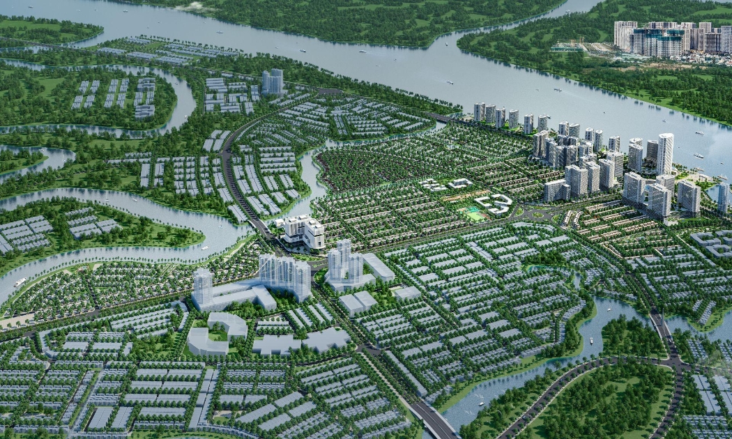 Phối cảnh tổng thể Khu đô thị tích hợp Izumi City với màu xanh của sông, nước, cây cỏ bao trùm.