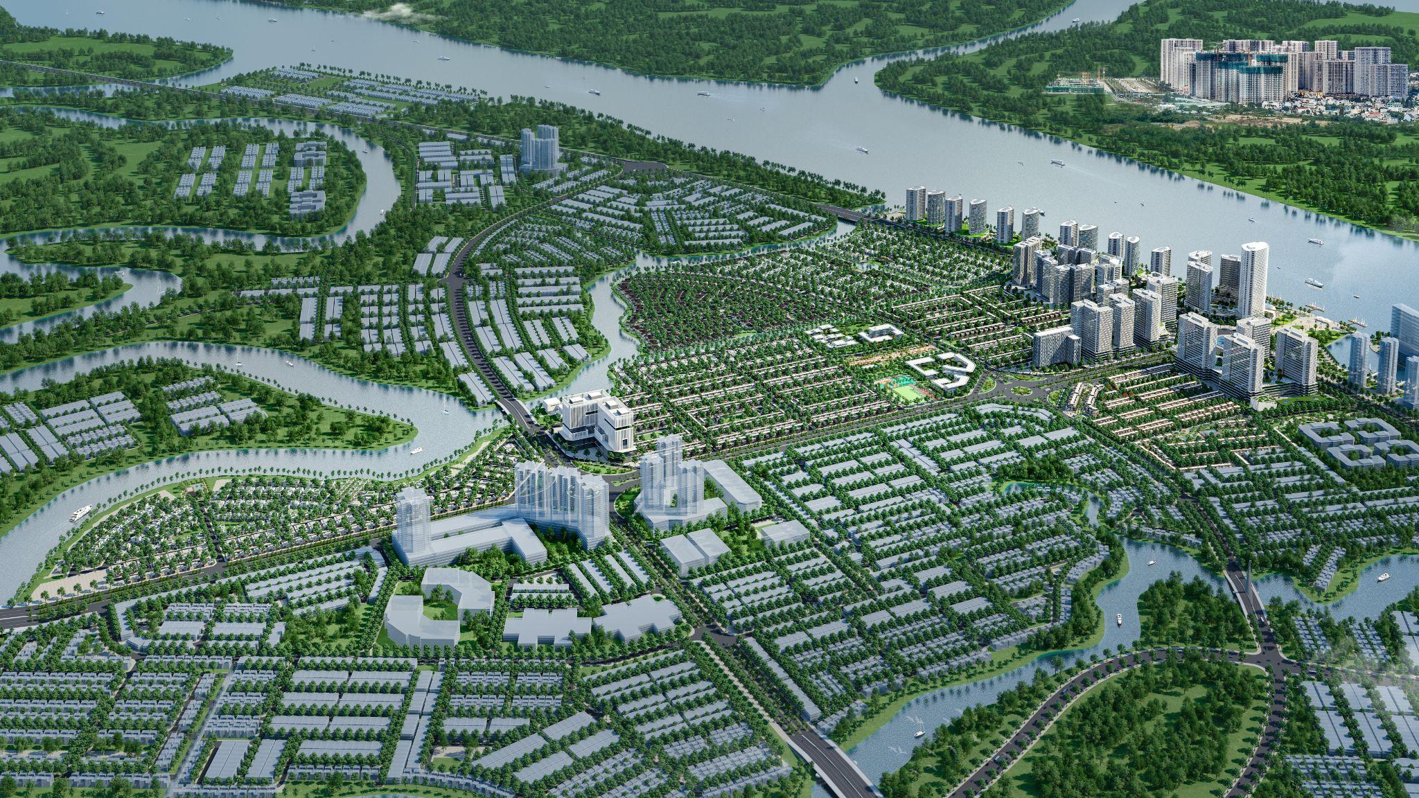 Phối cảnh tổng thể Khu đô thị tích hợp Izumi City với màu xanh của sông, nước, cây cỏ bao trùm.