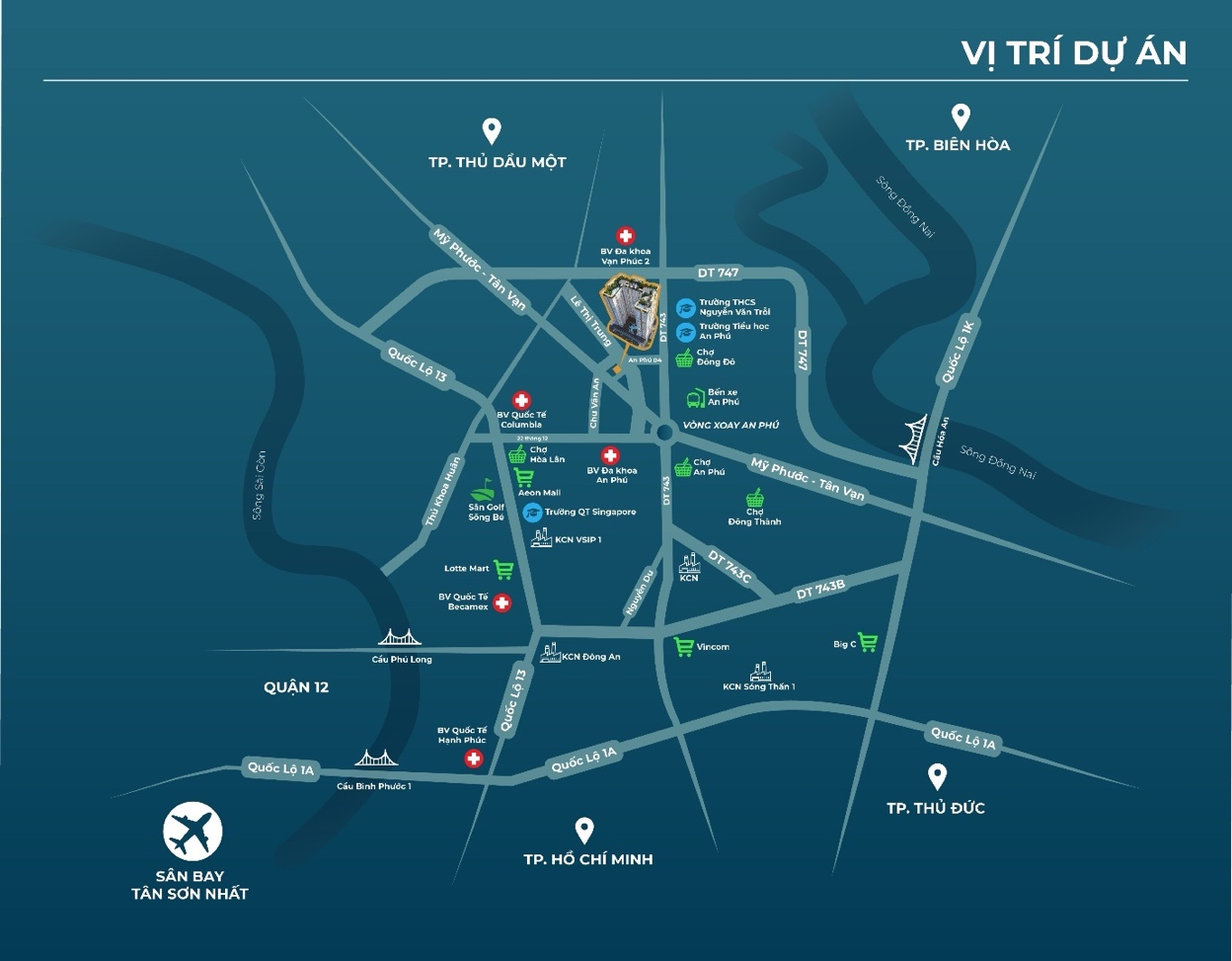 Nằm ngay ngã 6 An Phú, Tecco Felice Homes tiếp cận các tiện ích công cộng phục vụ cuộc sống trong vòng 10 - 15 phút.