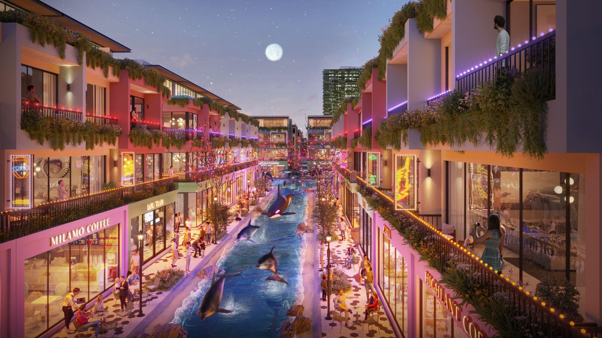 Tại Flamingo Hải Tiến, du khách sẽ có trải nghiệm thú vị chưa từng có như đi dạo trên con phố có cá heo bơi lội hay hươu nai chạy nhảy.
