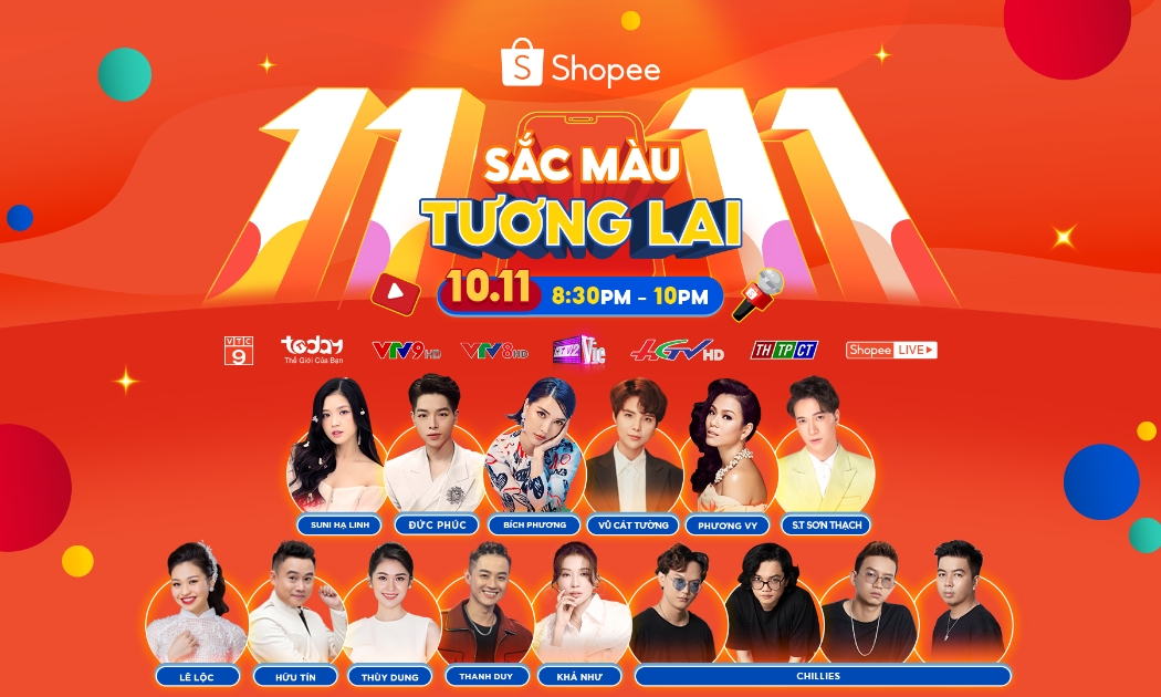 Đừng bỏ lỡ các màn trình diễn và giải trí hấp dẫn đến từ nghệ sĩ yêu thích của bạn tại TV Show “Sắc màu tương lai” ngày 10/11 ngay trên Shopee Live và các kênh truyền hình gồm: VTC9, TodayTV, VTV9, VTV8, HTV2, Truyền hình Hậu Giang, Truyền hình thành phố Cần Thơ, và mục Shopee Live trong ứng dụng Shopee.