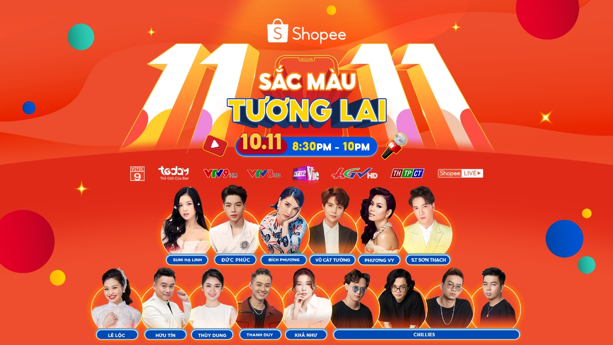Đừng bỏ lỡ các màn trình diễn và giải trí hấp dẫn đến từ nghệ sĩ yêu thích của bạn tại TV Show “Sắc màu tương lai” ngày 10/11 ngay trên Shopee Live và các kênh truyền hình gồm: VTC9, TodayTV, VTV9, VTV8, HTV2, Truyền hình Hậu Giang, Truyền hình thành phố Cần Thơ, và mục Shopee Live trong ứng dụng Shopee.