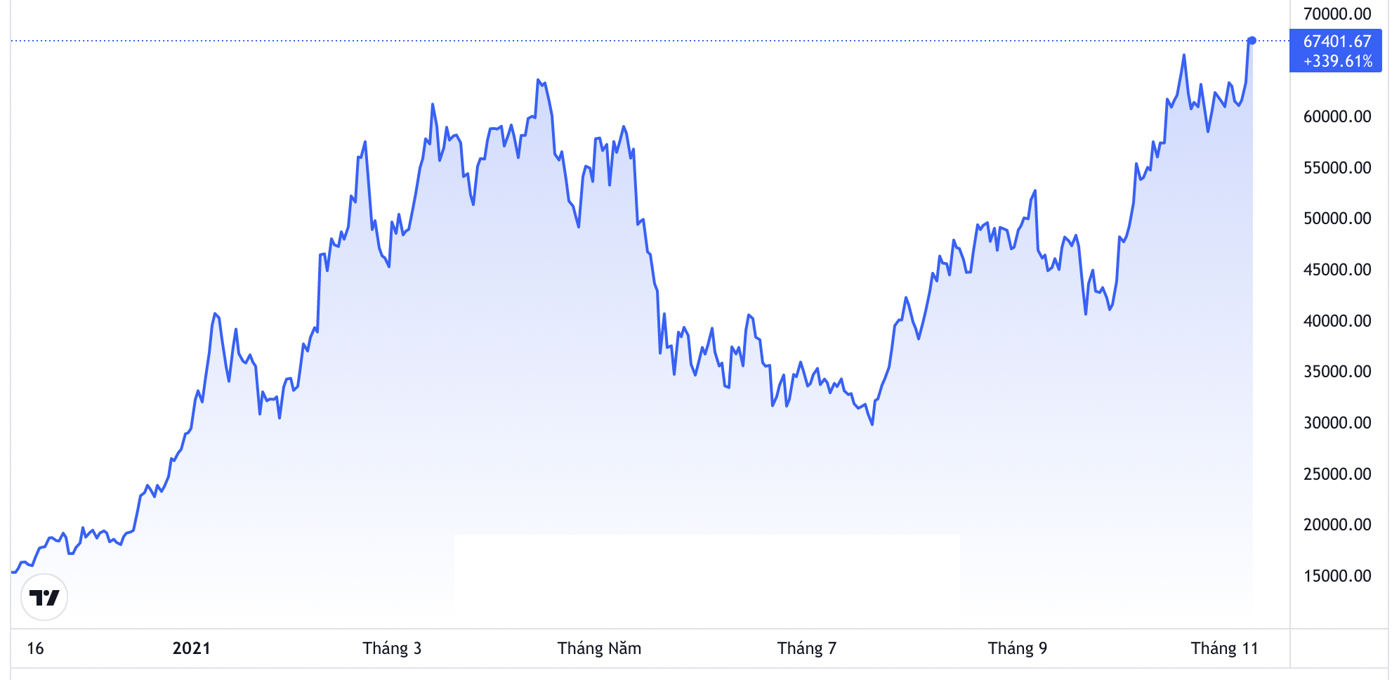 Diễn biến gi&aacute; tiền ảo Bitcoin trong 1 năm qua. Đơn vị: USD/Bitcoin - Nguồn: TradingView.