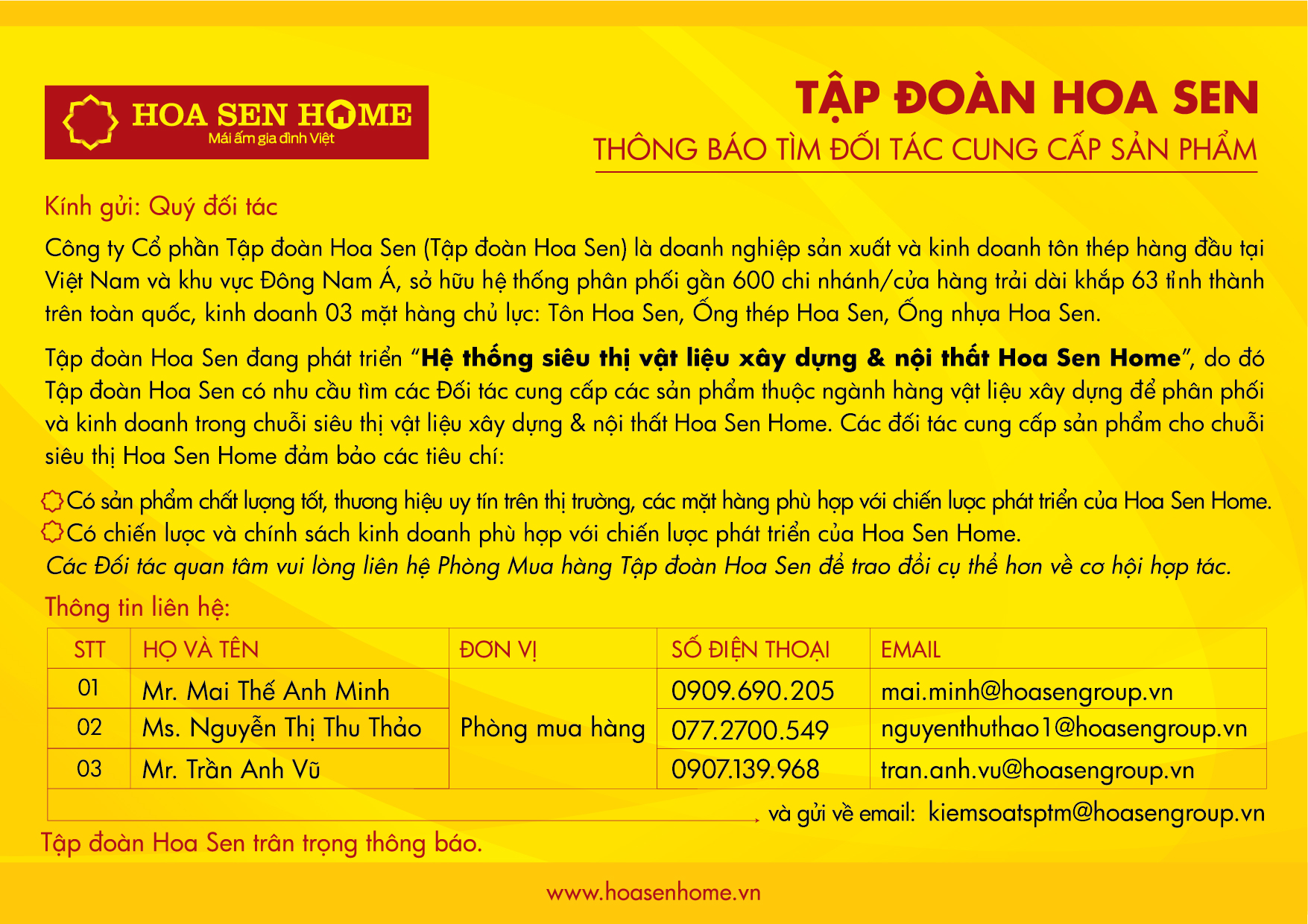 Thông báo tìm đối tác cung cấp sản phẩm cho chuỗi siêu thị Hoa Sen Home.