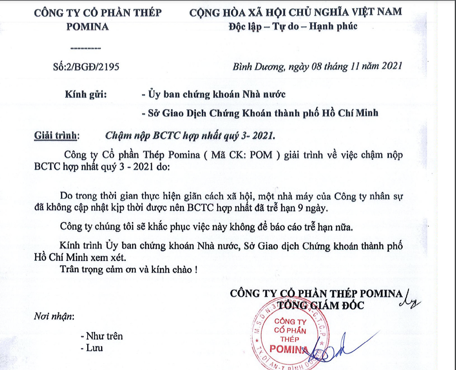 Th&eacute;p Pomina chậm trễ v&agrave; bị nhắc nhở v&igrave; chậm c&ocirc;ng bố b&aacute;o c&aacute;o t&agrave;i ch&iacute;nh qu&yacute; 3/2021.