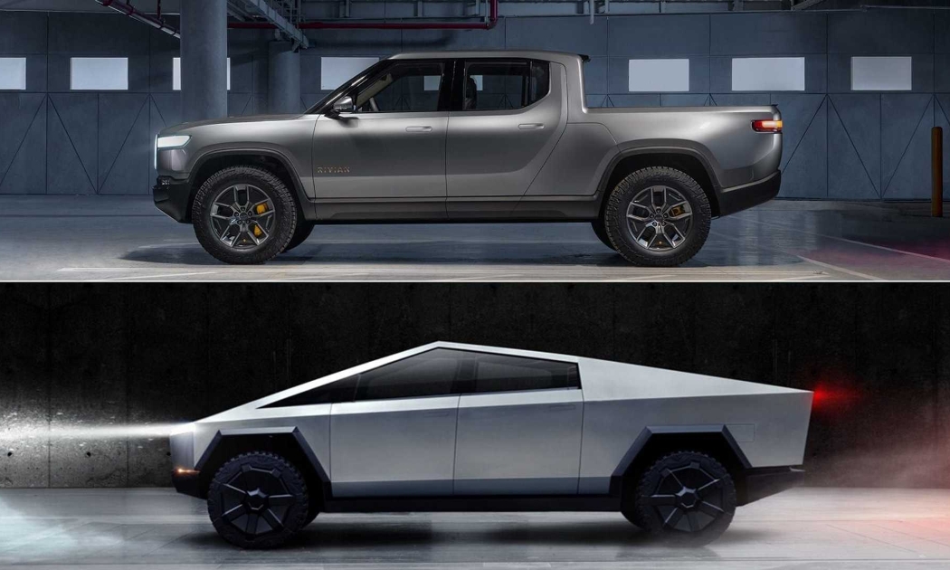 Hai mẫu bán tải điện: R1T của Rivian (ảnh trên ) và Cybertruck của Tesla (ảnh dưới). 