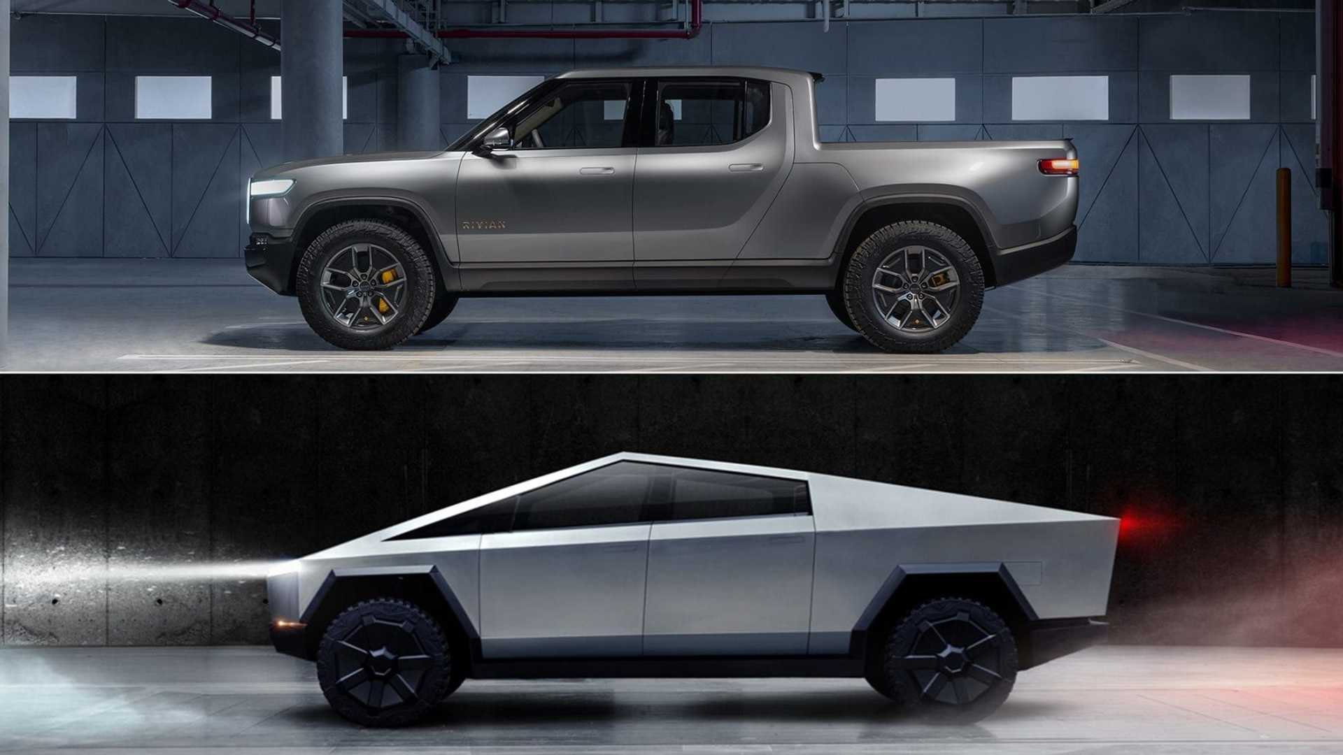 Hai mẫu bán tải điện: R1T của Rivian (ảnh trên ) và Cybertruck của Tesla (ảnh dưới). 