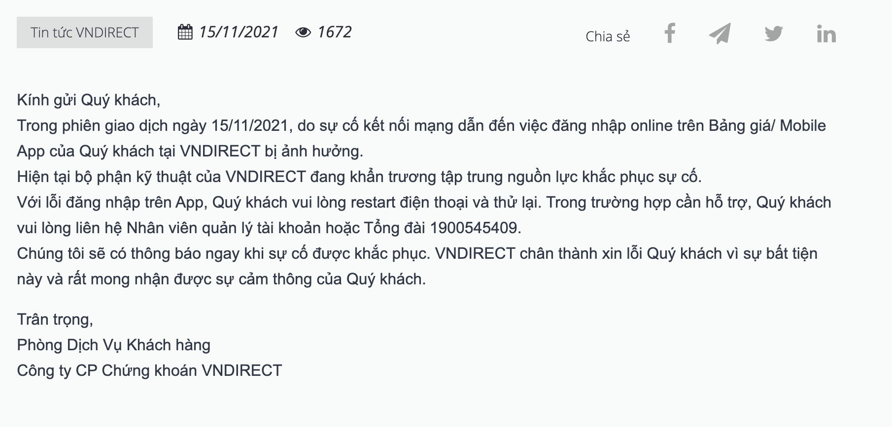 VnDirect l&ecirc;n tiếng giải th&iacute;ch sự cố lỗi ng&agrave;y 15/11.