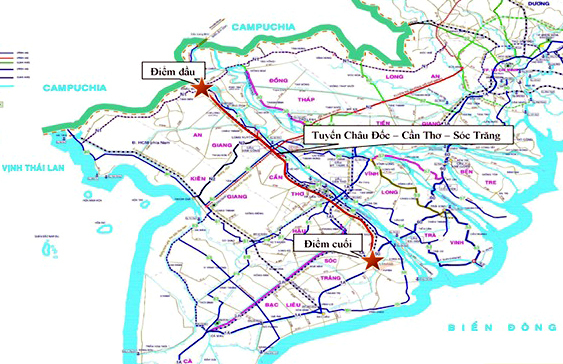 Sơ đồ tuyến cao tốc Châu Đốc - Cần Thơ - Sóc Trăng.