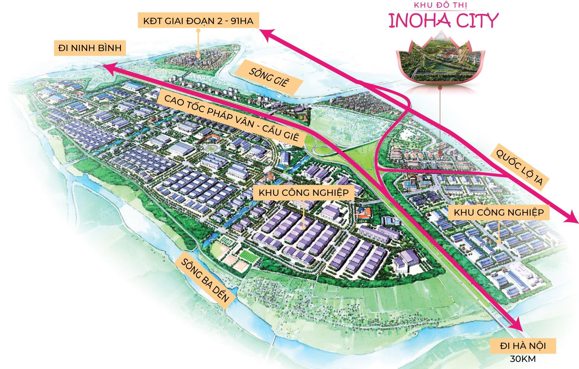 Vị trí tiếp điểm giữa các tuyến đường lớn biến Inoha City thành một khu đô thị dịch vụ giao thương sầm uất.