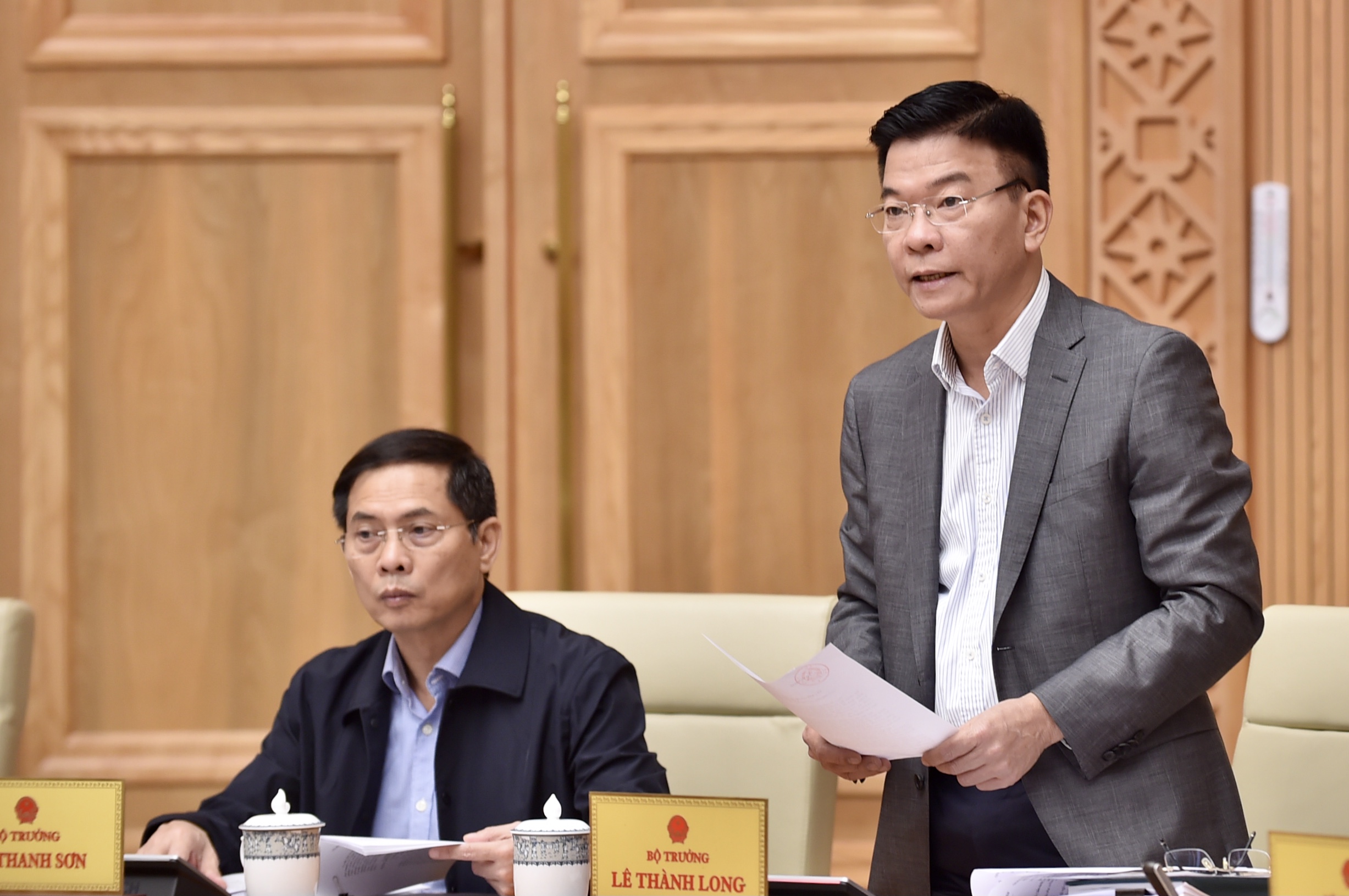 Bộ trưởng Bộ Tư ph&aacute;p L&ecirc; Th&agrave;nh Long ph&aacute;t biểu tại phi&ecirc;n họp- Ảnh: VGP