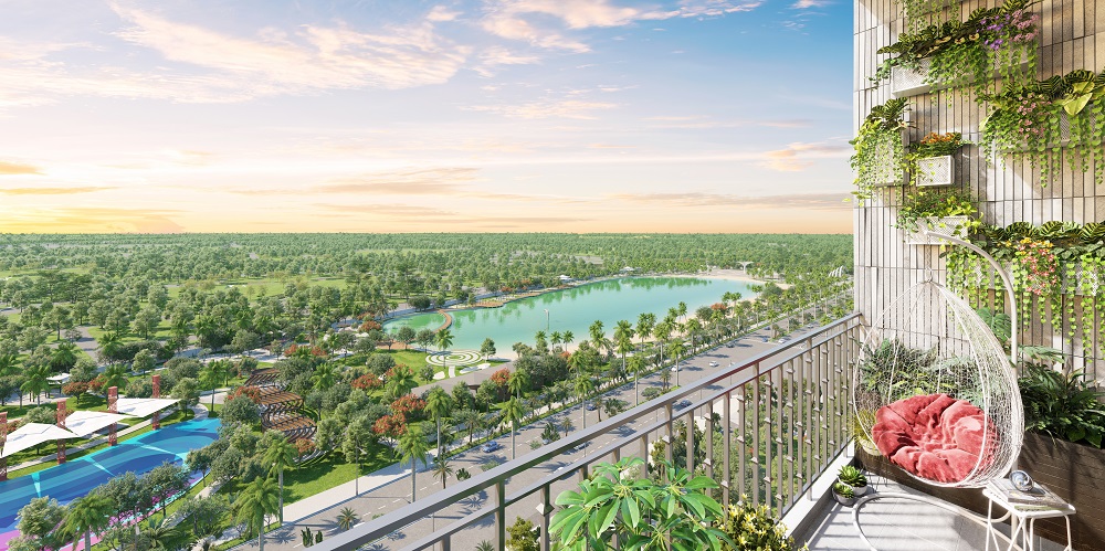 Một g&oacute;c của ban c&ocirc;ng căn hộ The Mirae Park nh&igrave;n thẳng ra hồ điều h&ograve;a rộng 4,8ha.