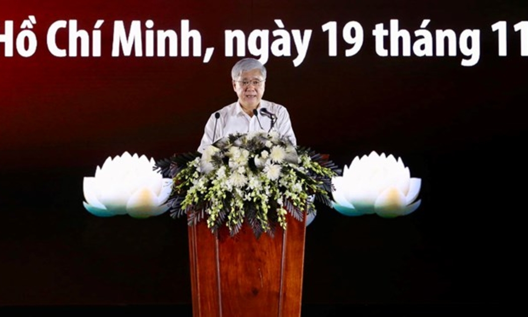 Chủ tịch Uỷ ban Trung ương Mặt trận Tổ quốc Việt Nam Đỗ Văn Chiến phát biểu tại buổi lễ tưởng niệm.