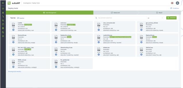 T&iacute;nh năng Deploy Tools của VCS-aJiant hỗ trợ việc đẩy h&agrave;ng loạt c&aacute;c tool r&agrave; so&aacute;t m&atilde; độc xuống hệ thống m&aacute;y t&iacute;nh, ph&acirc;n t&iacute;ch log v&agrave; đưa ra cảnh b&aacute;o.