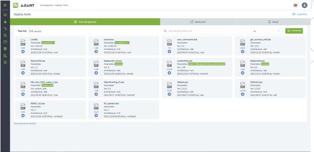 Tính năng Deploy Tools của VCS-aJiant hỗ trợ việc đẩy hàng loạt các tool rà soát mã độc xuống hệ thống máy tính, phân tích log và đưa ra cảnh báo.
