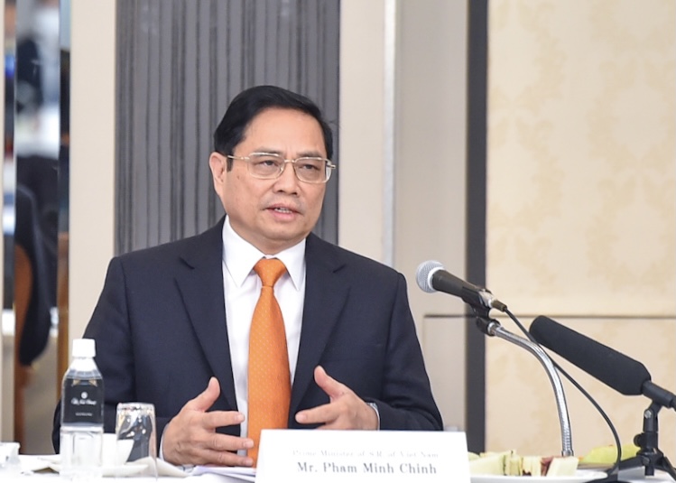 Thủ tướng Chính phủ Phạm Minh Chính tại cuộc làm việc với các doanh nghiệp Nhật Bản trong lĩnh vực chuyển đổi số. Ảnh - VGP. 
