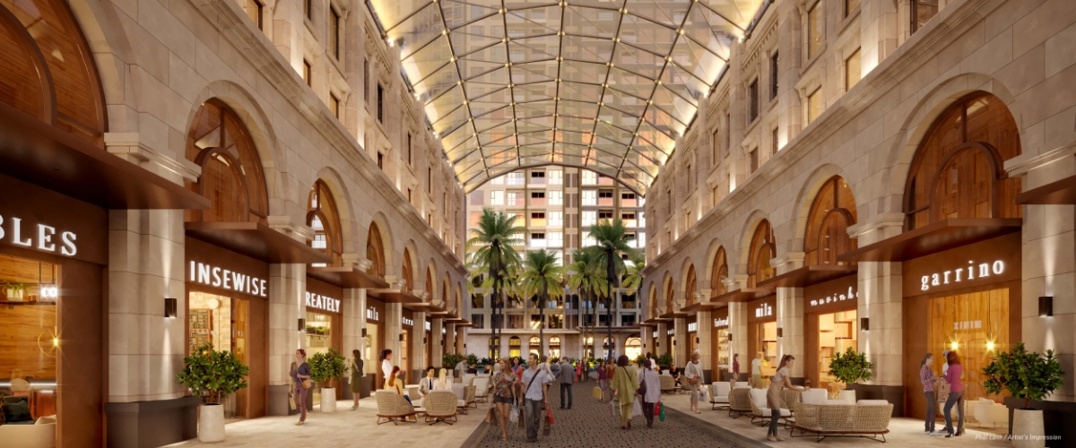 Hệ thống mái vòm bằng kính trên các toà shophouse giúp khách tham quan thoải mái dạo chơi cả ngày.