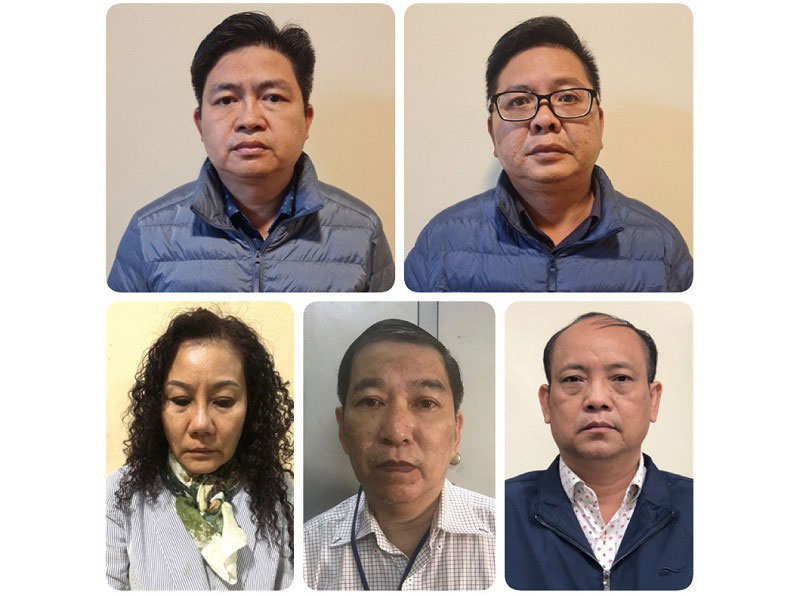 Các bị can từ trái sang phải: Nguyễn Vũ Bảo Hoàng; Nguyễn Ngọc Trường Chinh; Nguyễn Thị Bích Ngọc; Quan Minh Tuấn; Nguyễn Văn Lành. 
