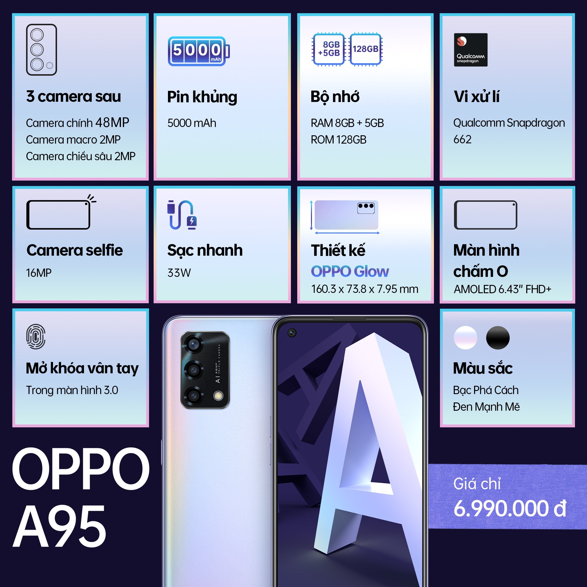 OPPO A95 tích hợp hàng loạt tính năng nổi trội trong chiếc smartphone thời trang có giá chỉ 6,99 triệu đồng.